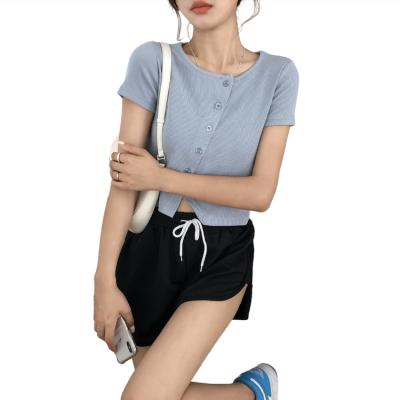 China Personality basic young women's promotion comfort T-shirt summer style button decoration casual T-shirt for sale