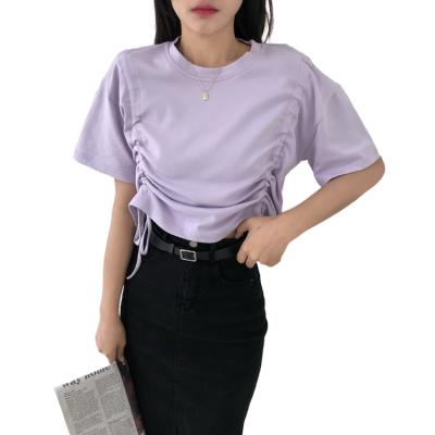 China Popular Women's Fashion Covered Edge Double Shoulder Drawstring Adjustable Short Sleeve Adjustable Short T-shirt Loose Binding Design for sale