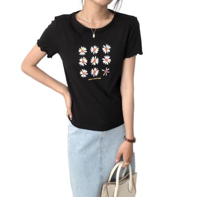 China Cute Thin Women's Comfortable Printed Edge Sleeve Cropped T-shirt Covered Fit Pure Cotton Design Cuff Ruffle Tee Shirt Young Girl for sale