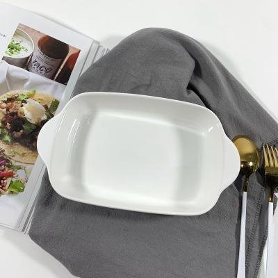 China Sustainable Wholesale Tray Baking Pan Food Porcelain Ceramic Baking Pans Rectangular Kitchen Bakeware With Handles for sale