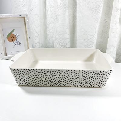 China Factory Price Viable Stock Cheap Stock Baking Pan Large Capacity Porcelain Baking Pan Ceramic Baking Tray With Handles for sale