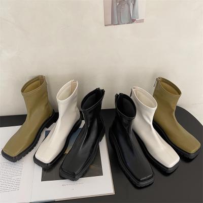 China Waterproof 2021 New Arrival Autumn Winter Fashion PU Ankle RTS OEM Women Boots Square Head Chunky Heel for sale