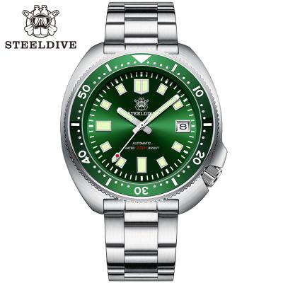 China Date New Arrival 2020 STEELDIVE New Arrival 2020 STEELDIVE Turtle 6105 Two-Tone Luminous Green Ceramic Dive Watch Automatic Rubber Bezel NH35 200m Strap SD1970-GR for sale