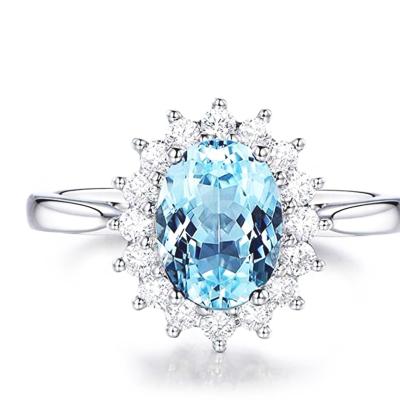 China TRENDY Ring March Birthstone Oval Cut Gemstone 14K White Gold Natural Blue Green Blue Jewelry for sale