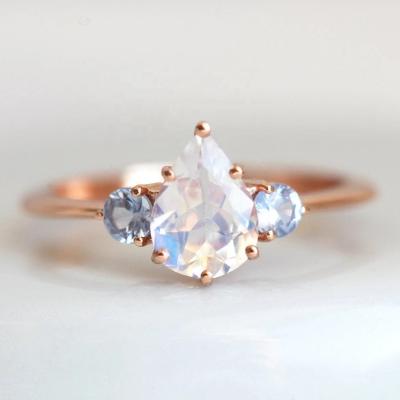 China Natural Moonstone Sapphire Engagement Ring Matching Ring Set Classic Moonstone Ring Set 10K/14K/18K Gold Natural Jewelry for sale