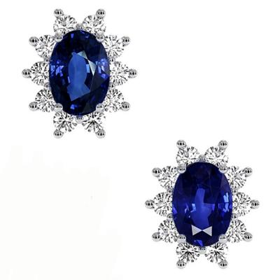 China CLASSIQUE White Gold And Blue Halo Diamonds 14K Oval Shape Sapphire Studs Earrings For Women for sale