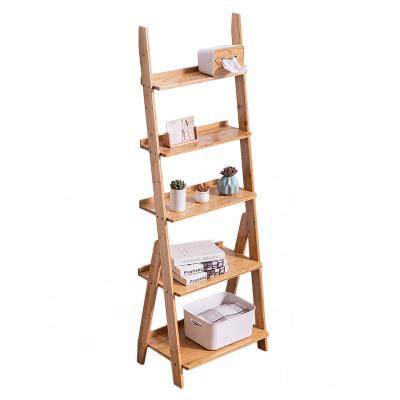 China Sustainable Bamboo Floor Standing Shelf Sundries Storage Leaning Wall-leaning Shelves For Home for sale