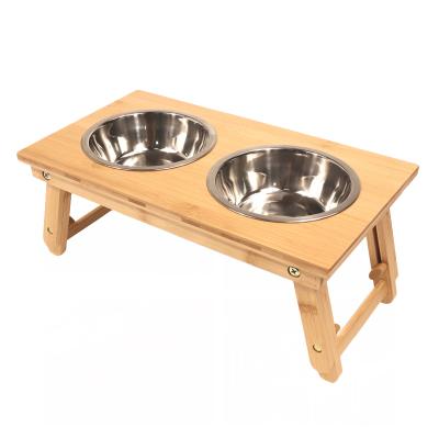 China Sustainable Adjustable Bamboo High Stand 2 Bowls Pet Feeders Animal Drinkers Animal Feeders For Pet for sale