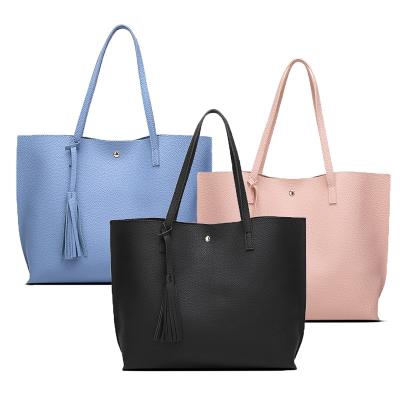 China Fashion Solid Color Waterproof Handbags Trim Leather Tassel Shoulder Bag Large Size Tote Bags For Women for sale