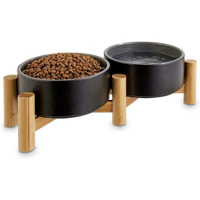 China Sustainable Double Black Ceramic And Bamboo Elevated Diner Pet Bowl for sale