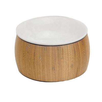 China Sustainable Bamboo Dog Bowl Raised Stand Bamboo Pet Bowl Dog and Cat Ceramic Pet Feeder for sale