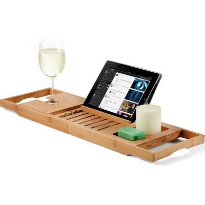 China Sustainable Bamboo Cart Tray - Wooden Bath Tray Expandable Bathtub with Book and Wine Holder - Great Gift Idea for Loved Ones for sale