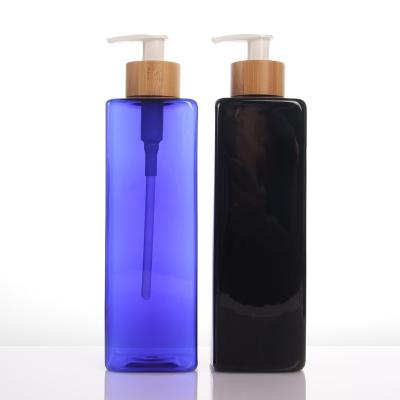 China Personal Skin Care Packaging 500ml Square Shape Plastic Bottle Bamboo Pump Lotion Body Shampoo Stock Product Ready To Ship for sale