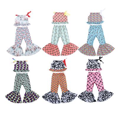 China Cartoon Pattern Babies Anti-Shrink Clothing Sets Off Shoulder Sleeve And Rocket Pants Clothing Set for sale