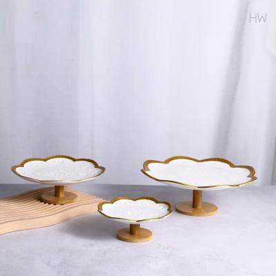 China 3pcs Sustainable Ceramic Cake Stand Set Wooden Base Cake Stand Show White Gold Plated Cake Stands Wedding for sale