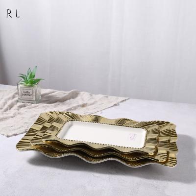 China Sustainable Fine Dish Set China Ceramic Dishes Wavy Edge Pearl Dot Dish Set Rectangle Gold Plated Fruit Dish for sale