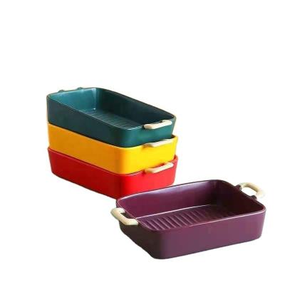 China Viable Hot Selling Matte Binaural Rectangle Ceramic Bakeware Deep Bake Dish Lined Griddle Pan for sale