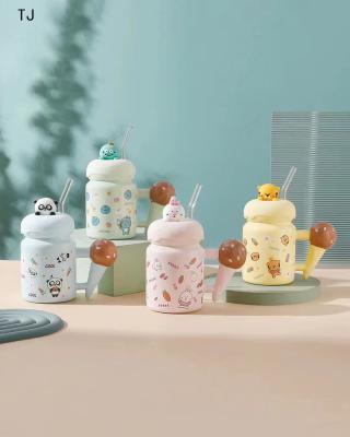 China New Viable Cartoon Cup Ceramic Cute Shape Handle Cups Ice Cream Cups With Lids And Straws for sale