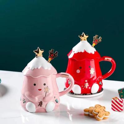 China Viable Cute Christmas Tree Shape Gift Mugs With Lid And Spoon Christmas Mug Gift Package Large Capacity Ceramic Coffee Mug for sale