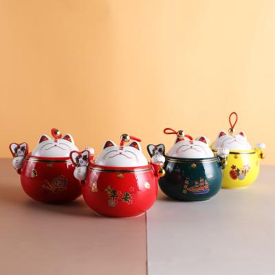 China Home Used Cute Lucky Cat Ceramic Sugar Bowl With Lid Storage Jar Freshness Preservation 4 Colors Home Used Ceramic Coffee Tea Jar for sale