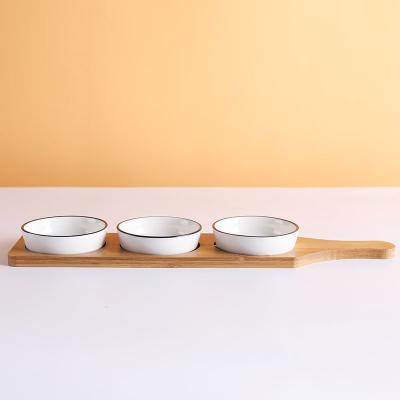 China Viable Ceramic Serving Dishes With Bamboo Appetizer Tray Dish Set For Sauce Ramekins Snack Porcelain Snack Bowl for sale