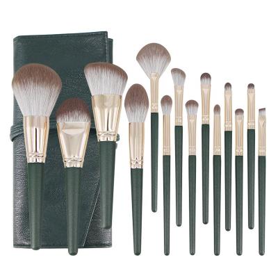 China Angular Blush High Quality Green Durable Private Label LOGO Foundation Makeup Brushes Custom 14 Pcs Makeup Brush Set for sale