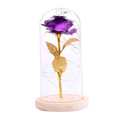 China Plastic Rose LED Galaxy Rose 24K Rose Gold Foil In Glass Dome for sale