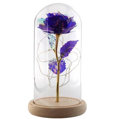 China New Hand Made Glass Cover Rose Butterfly Color Gold Rose Led Light Valentine's Day Gift for sale