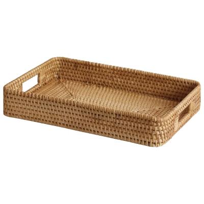 China Vietnam Sustainable Trays Rectangular Woven Restaurant Rattan Breakfast Wooden Serving Tray for sale