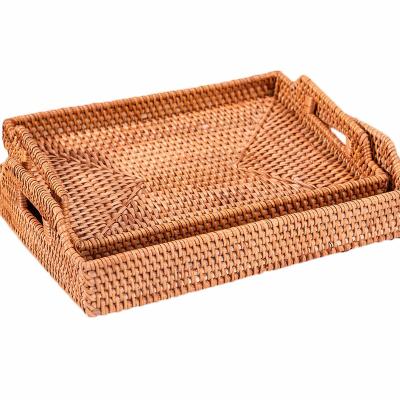 China Viable Handmade Wicker Storage Tray With Handle Rectangular Bread Basket Tray Server Wholesale for sale