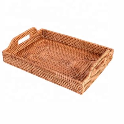 China Newest Design Durable Rattan Rectangle Eco Friendly Handmade Woven Fruit Bread Basket Storage Serving Tray for sale