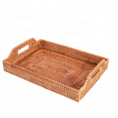 China 2021 Sustainable New Rectangular Handwoven Rattan Basket Food Bread Dish Candy Storage Picnic Tray for sale