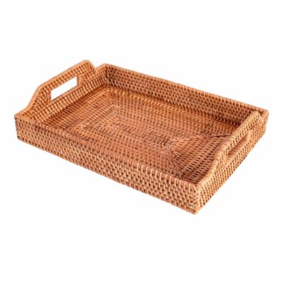 China Sustainable Rectangular Handwoven Fruit Tray Rattan Bread Storage Basket Serving Tray for sale