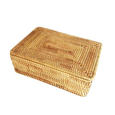 China Sustainable Natural Rattan Square Clothes Storage Basket Snack Fruit Handmade Woven Storage Box With Lid for sale