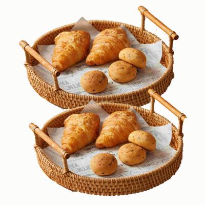 China Sustainable Hand - Woven Rattan Storage Tray Basket With Handle Breadfruit Food Breakfast Display Basket for sale