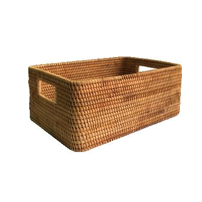 China Viable Custom Logo For Handmade Woven Rectangular Toy Storage Household Rattan Storage Basket With Handle for sale