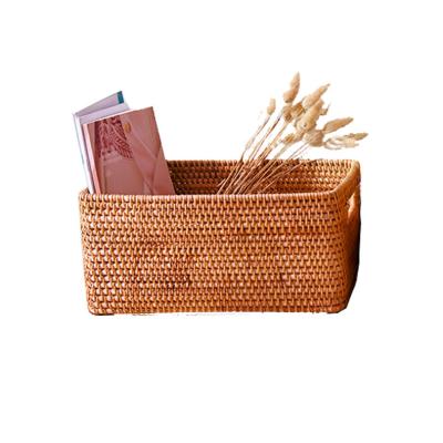 China Rural Retro Rattan Sustainable Storage Box Sundries Basket With Lid Wicker Storage Toy Box Empty Basket for sale