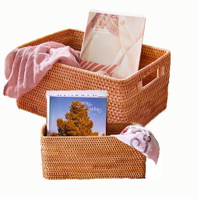 China Viable Manual Woven Handmade Storage Basket Lid Wicker Rattan Sundries Storage Box Sorting Boxes for sale