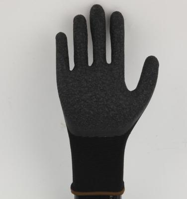 China Breathable Cheap 13 Gauge Black Polyester Knitted Liner Black Latex Coated Safety Work Gloves Crinkle Finish for sale