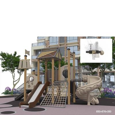 China Custom Kindergarten Playground Plastic Wooden Playground Towers Play House Slide Outdoor Amusement Equipment for sale