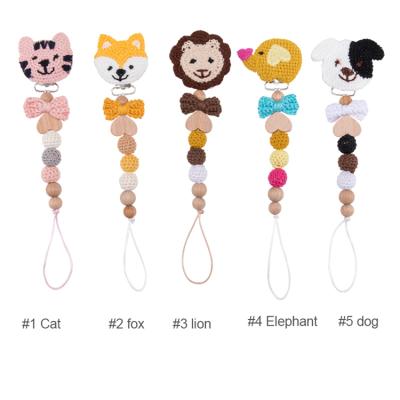 China BPA Free Wholesale Wooden Dummy Hook Clip Dummy Crochet Baby Pacifier Bead Baby Pacifier Animal Chew Chain for sale