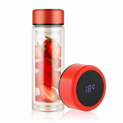 China Sustainable Glass Water Bottle With Led Lid With Temperature Tea Infuser 350ml Glass Water Bottle for sale