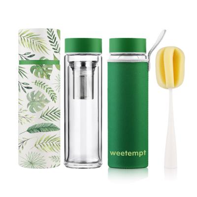 China Sustainable Glass Water Bottle With Sleeve Borosilicate Glass Water Bottle With Tea Infuser Custom Logo for sale