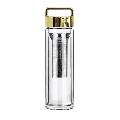 China Hot Selling Viable Amazon Double Wall Fruit /tea Infuser Glass Water Bottle With Rose Gold Metal Lid Bamboo Lid for sale