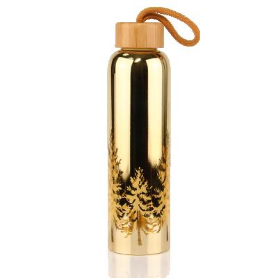 China High Borosilicate Sustainable Glass Water Bottle Custom Logo Electroplate Water Bottle With Lids Metal Bamboo Lids for sale