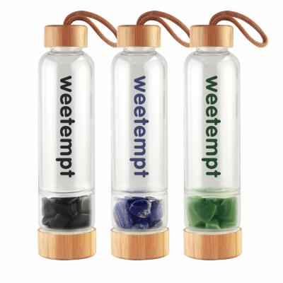 China Custom Logo Eco Friendly 550ml Drinking High Borosilicate Glass Crystal Colorful Stones Cup Water Bottles With Bamboo Lid for sale