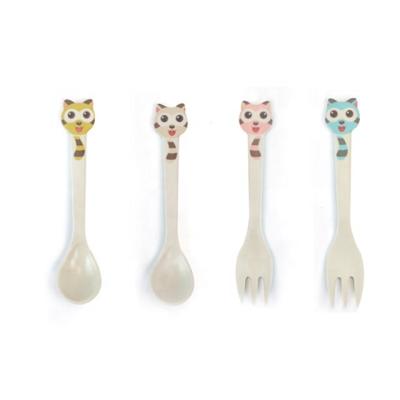 China Cute Viable Toddler Bamboo Cutlery Kids Tableware Kids Fiber Cartoon Spoon Feeding Fork for sale