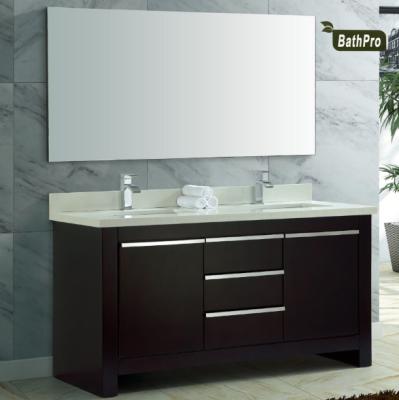 China 60 Inch Modern Bathroom Two Quartz Stone Sink Floor Mounted Solid Wood Vanity for sale