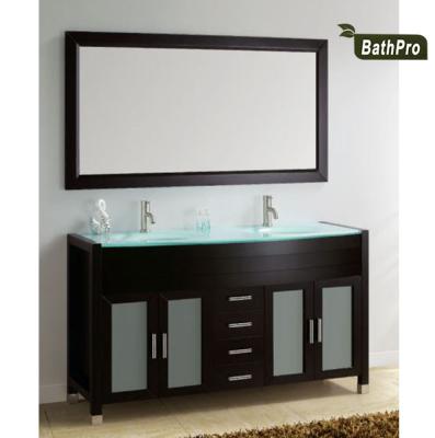 China Two Double Sink Modern Glass Soild Floor Wooden Bathroom Vanity for sale