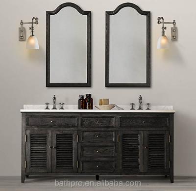 China Modern Floor Standing Double Basins Solid Wood Antique Style Bathroom Cabinet With Mirror for sale